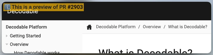 Screenshot of a preview docs deployment with a PR message overlaid