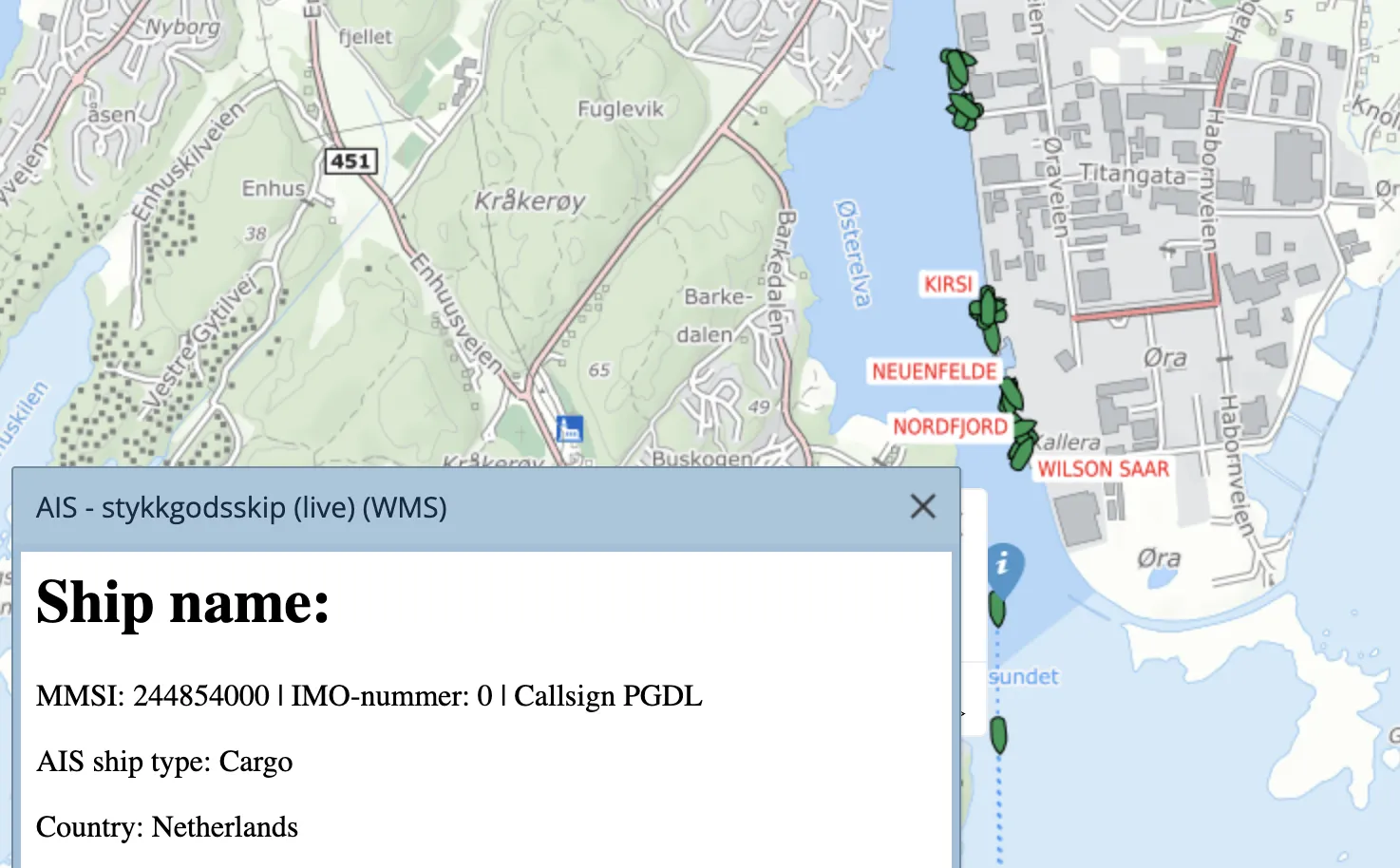 Norwegian AIS map viewer showing vessel positions near Kråkerøy with ship details popup