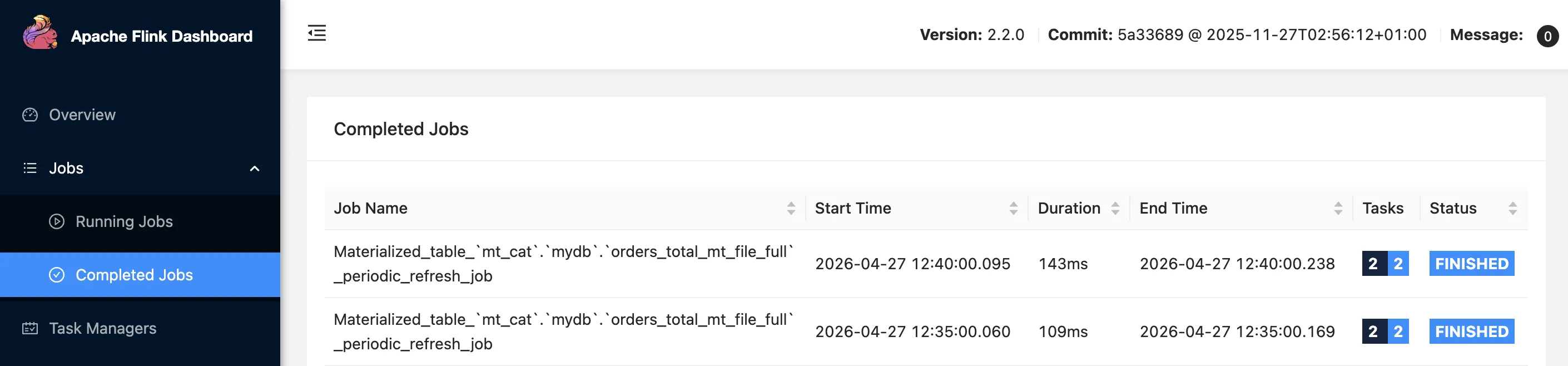 Flink Web UI Completed Jobs showing periodic refresh jobs finishing successfully