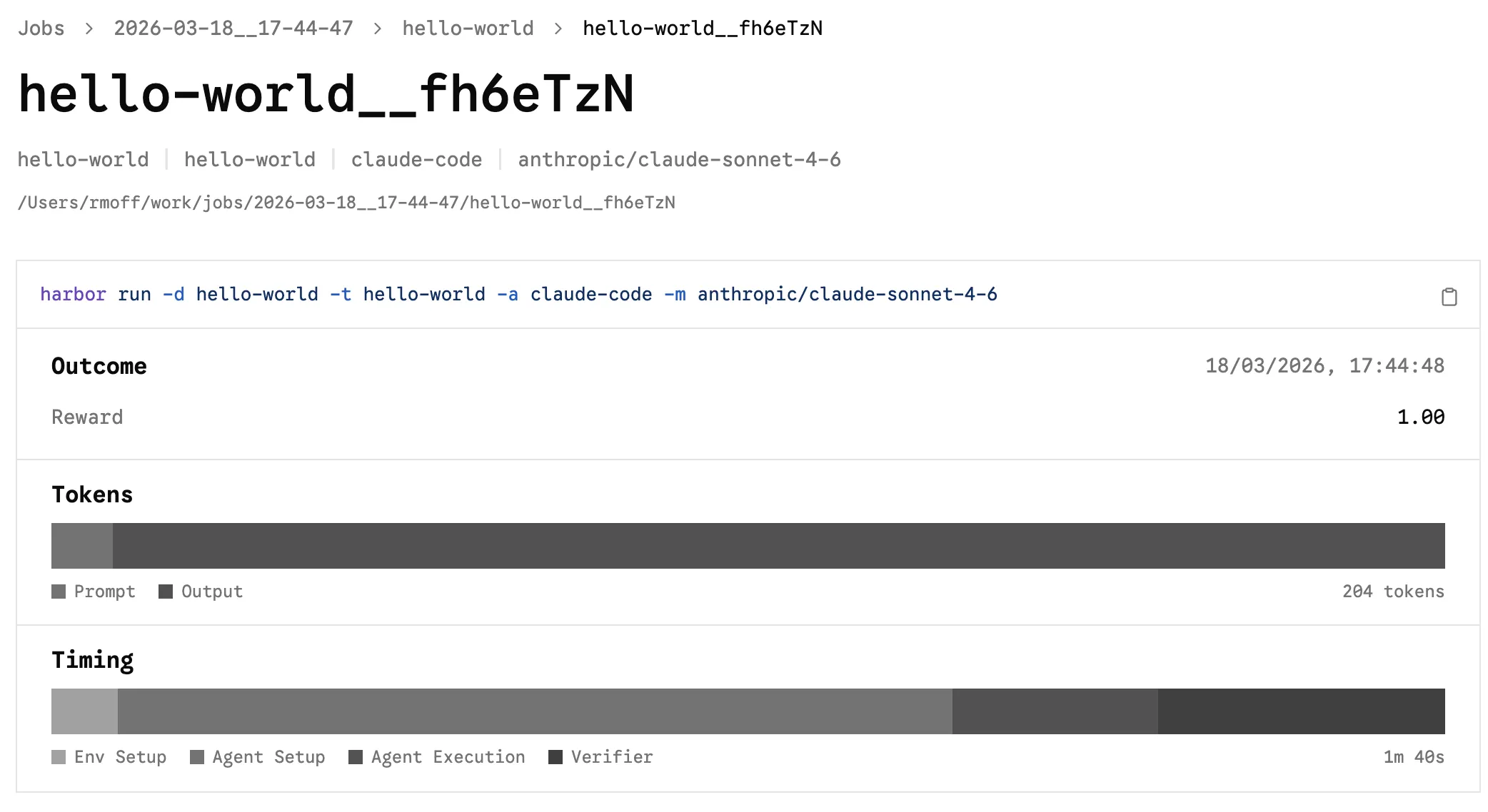 Harbor dashboard showing hello-world task outcome with reward 1.00