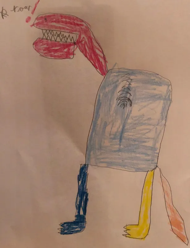 A child’s crayon drawing of a red dragon roaring, with 'roar!' scrawled above its head