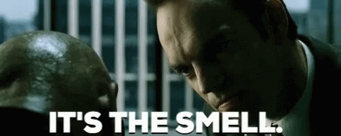 Morpheus from The Matrix grimacing with caption "IT’S THE SMELL."